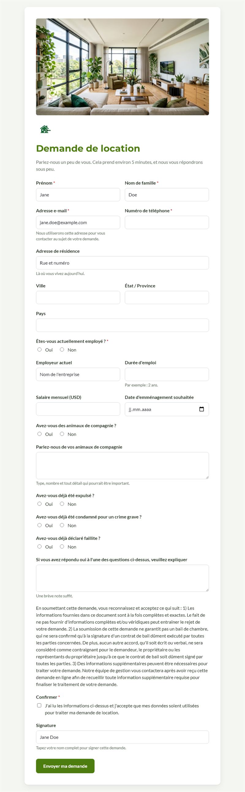 Demande de location en ligne