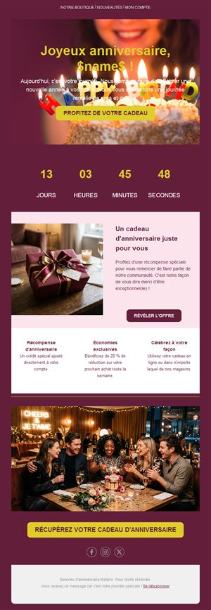 Email bordeaux de récompense d'anniversaire