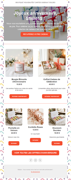 Email d'offres d'anniversaire avec grille produits
