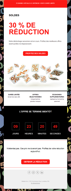 Email de soldes -30% avec compte à rebours